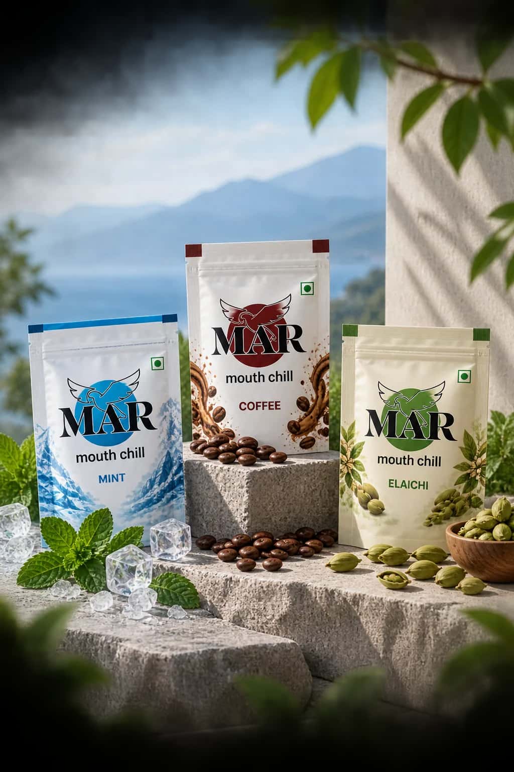 MAR Mouth Chill Mint, Coffee and Elaichi packets on a stone ledge with mint, coffee beans and cardamom